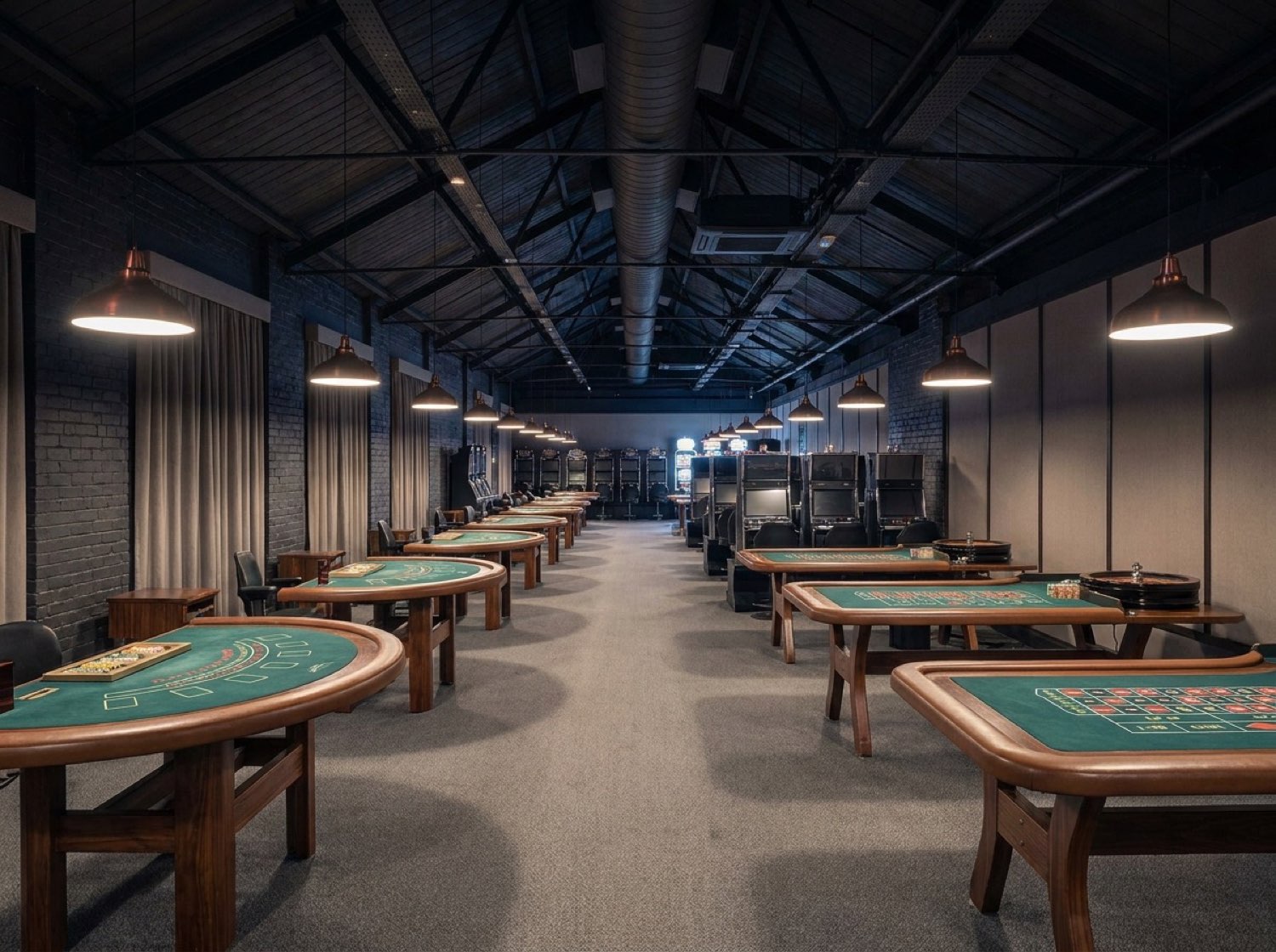 Sterling Crest casino floor — blackjack and roulette tables, slot aisle