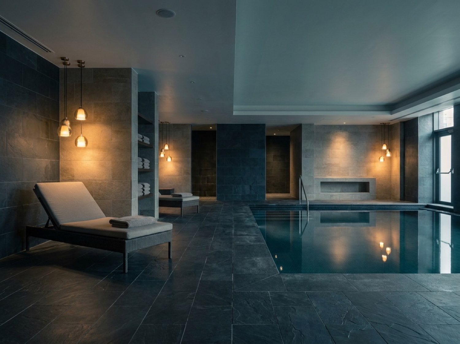 Sterling Crest spa — indoor pool, dark tile, calm water